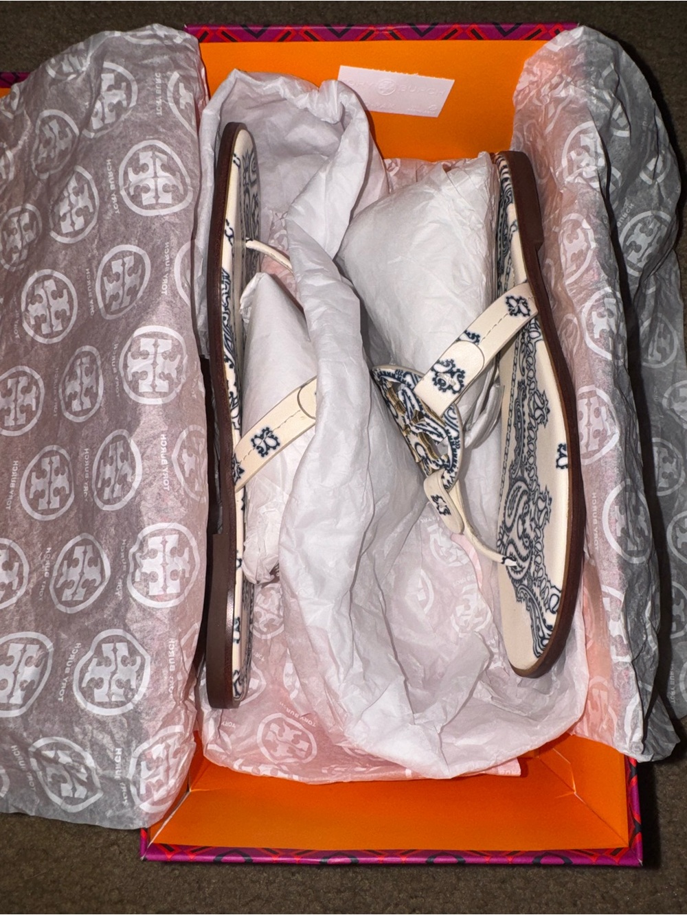 Tory Burch White & Navy Paisley Miller Thong Sandals - Picture 2 of 6